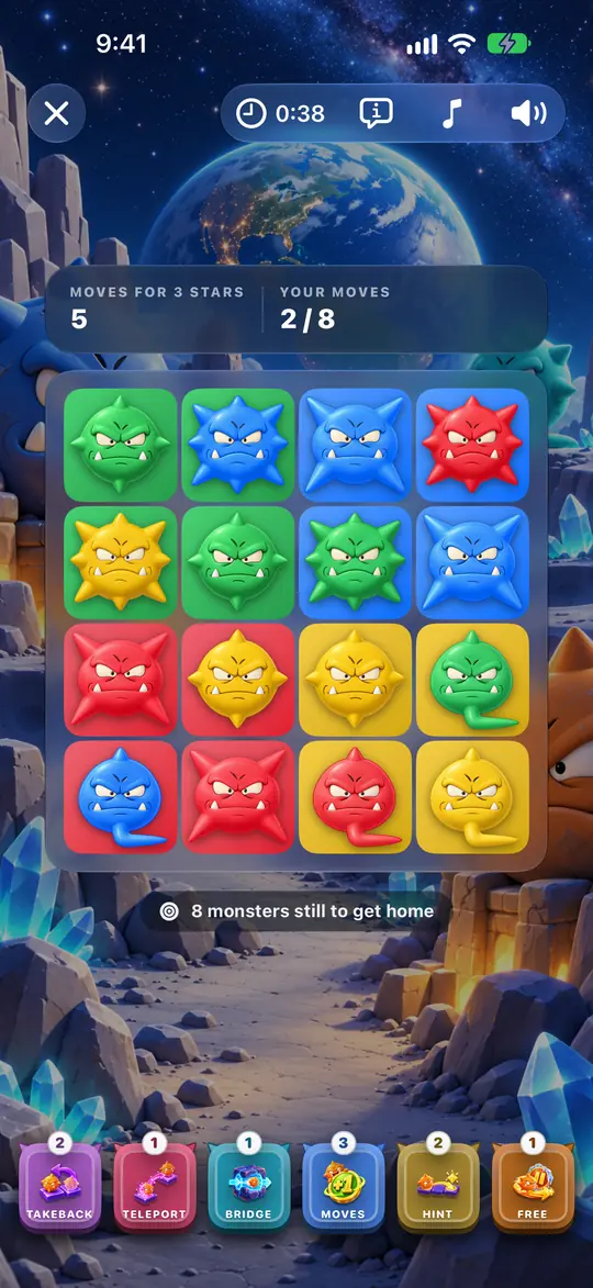 A Galactic Monsters puzzle on the Moon, with the moves needed for three stars